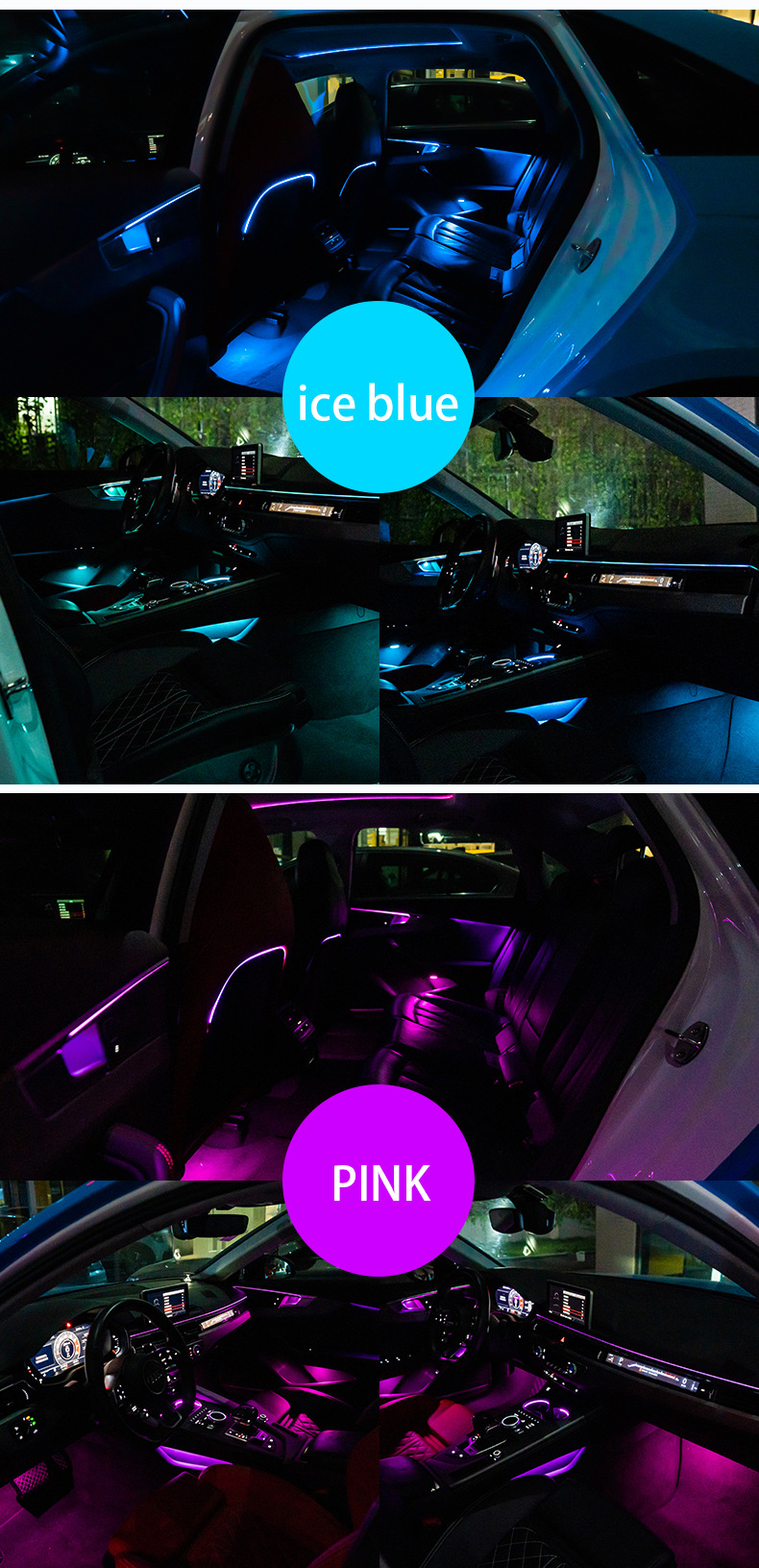 Thuning-free car atmosphere lamp optical fiber line cold light 64 color car atmosphere lamp APP control application