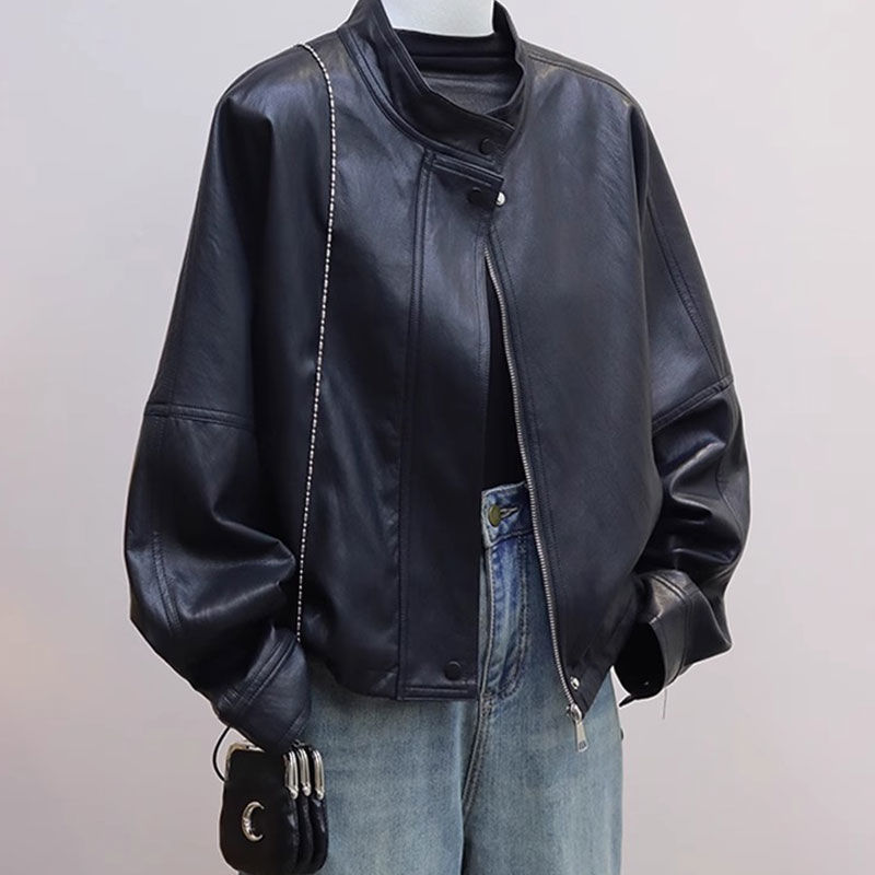 Coffee-Colored Short Leather Jacket for Women, 2026 Autumn New Vintage Style Loose Pu Leather Stand-Collar Biker Jacket