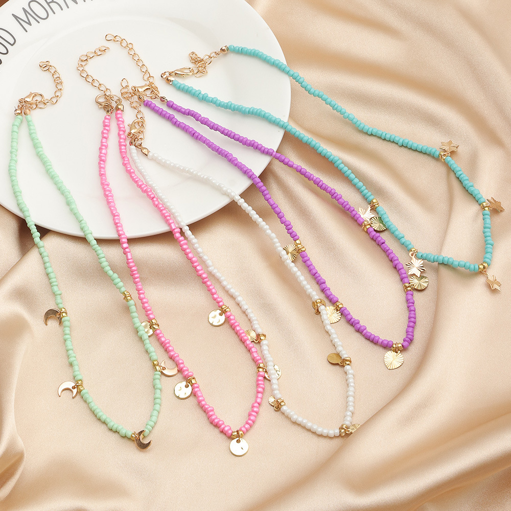 Retro Small Fresh Color Rice Bead Necklace Simple Five-pointed Star Moon Necklace display picture 12