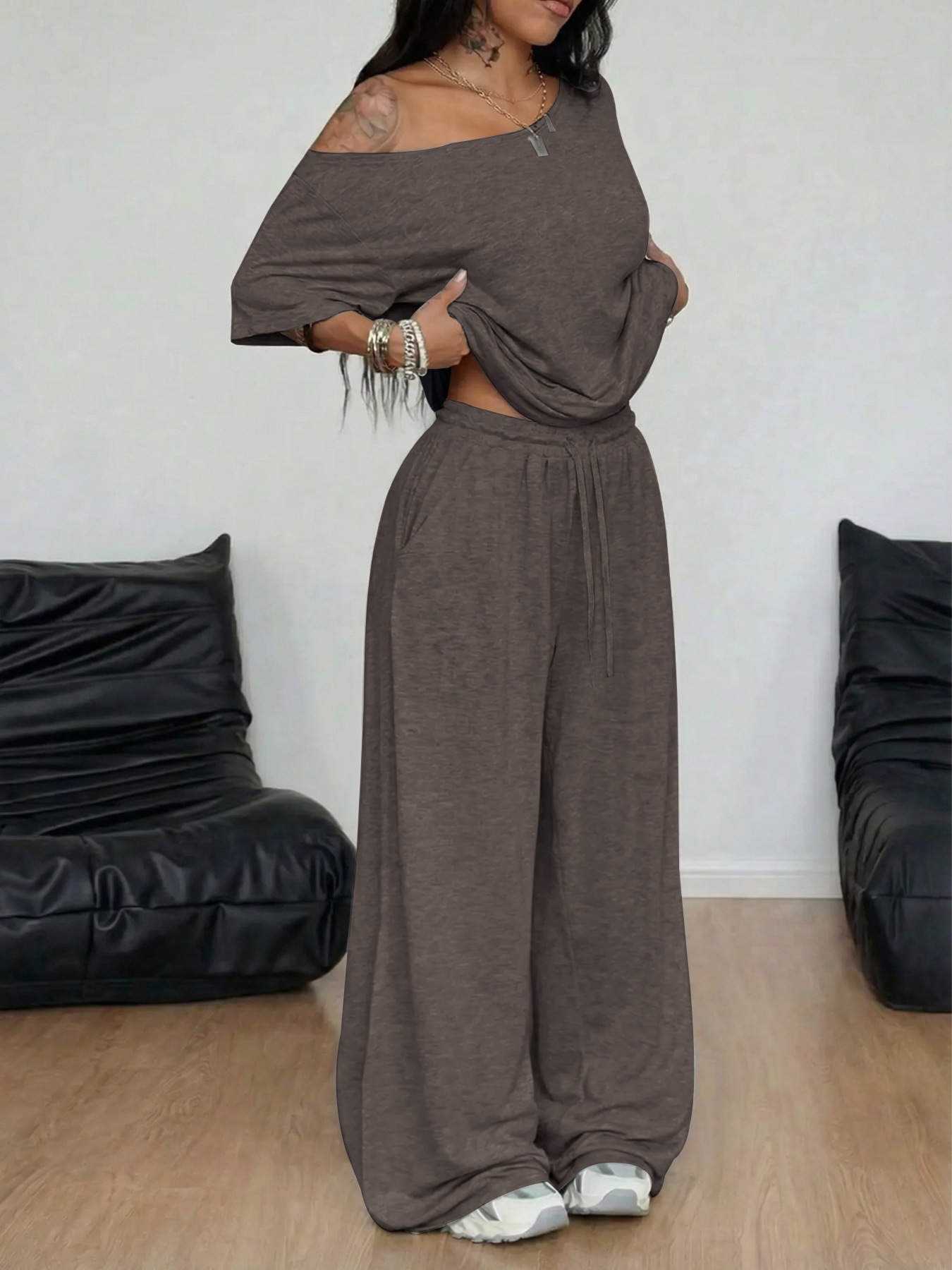 Women's Pant Sets Solid Color Casual Loose Wide Leg Two Piece Suit_voghion.com