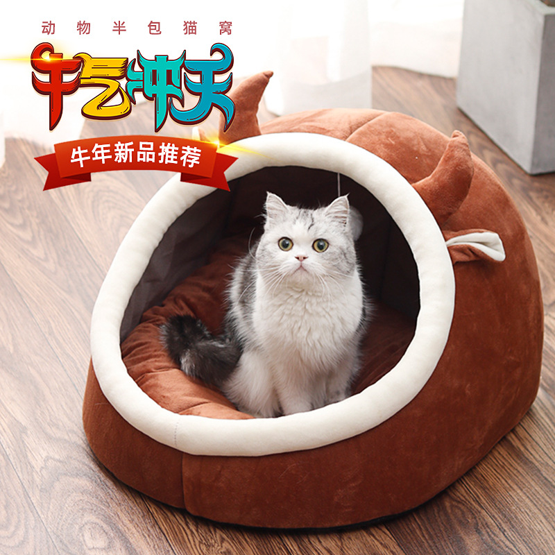 Invierno de invierno caliente cuatro estaciones general casa de gatos semicerrada cama para gatos casa de perros, productos de mascotas