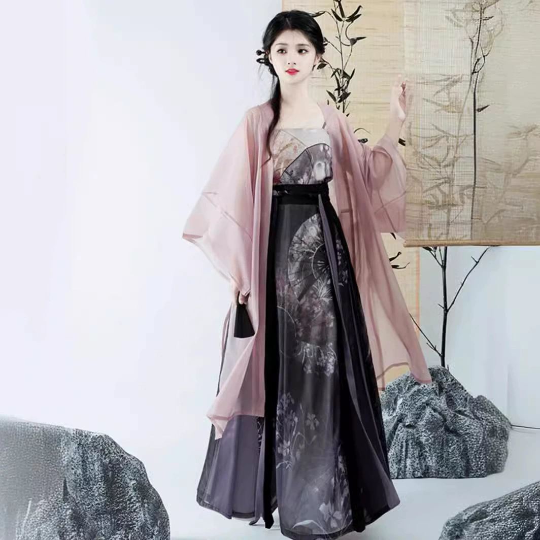 Оригинальный женский костюм Hanfu 2024 года [поклонник живописи] ПЕСНЯ Changgan Temple Sling с юбкой с тремя трубками, новый китайский летний и осенний