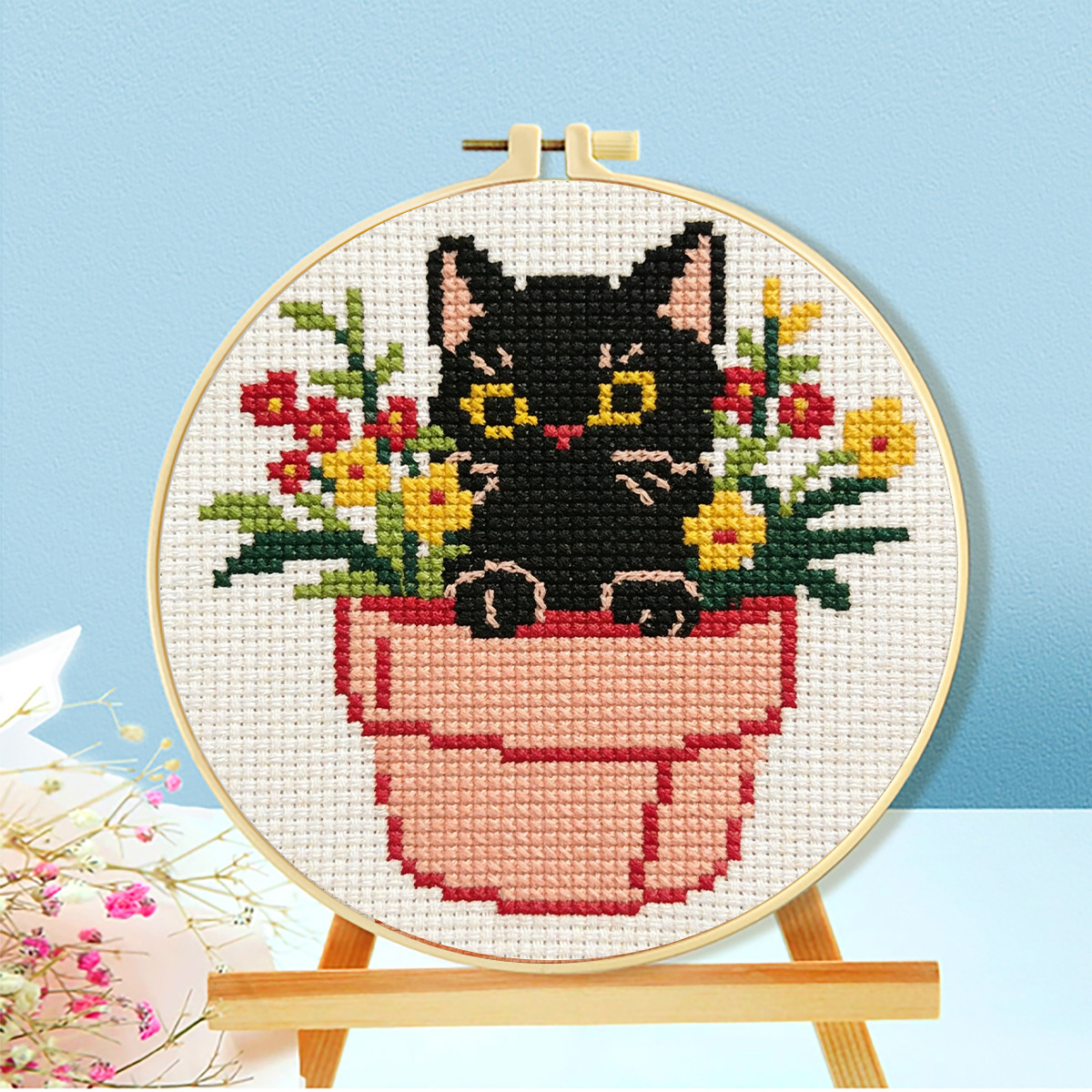 Fábrica directa de bordado cruzado transfronterizo Amazon tres pequeños gatos negros pequeños kits de bordado simple DIY