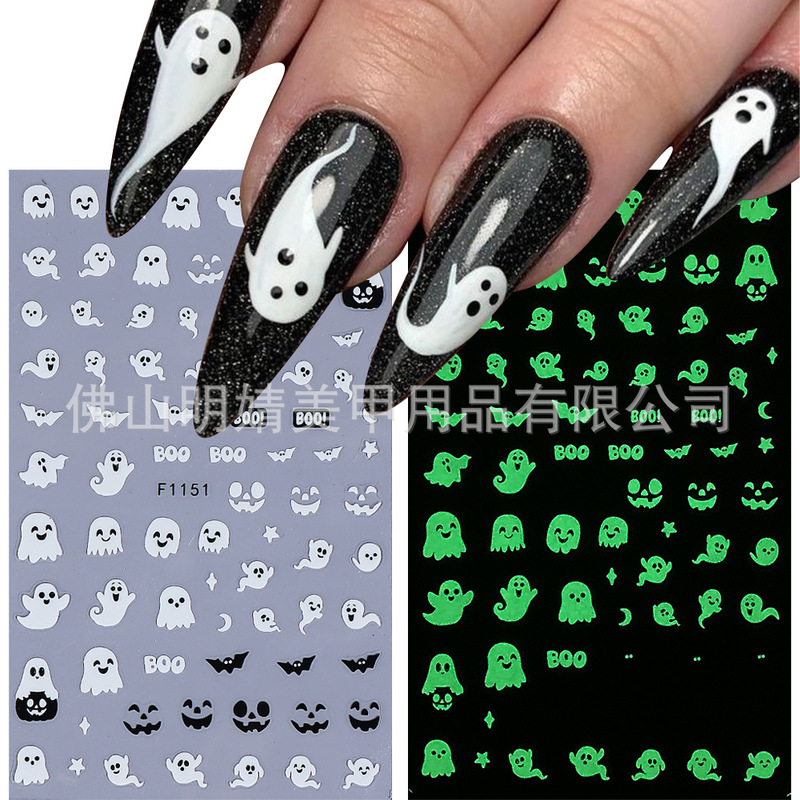 Cross-Border Luminous Halloween Nail Stickers Ins Style White Cute Ghost Ghost Luminous Halloween Nail Stickers