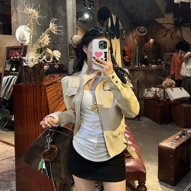 Vintage Deerskin Velvet Stand Collar Long Sleeve Jacket for Women, Autumn American Style Biker Jacket, Loose Design with a Sense of Style