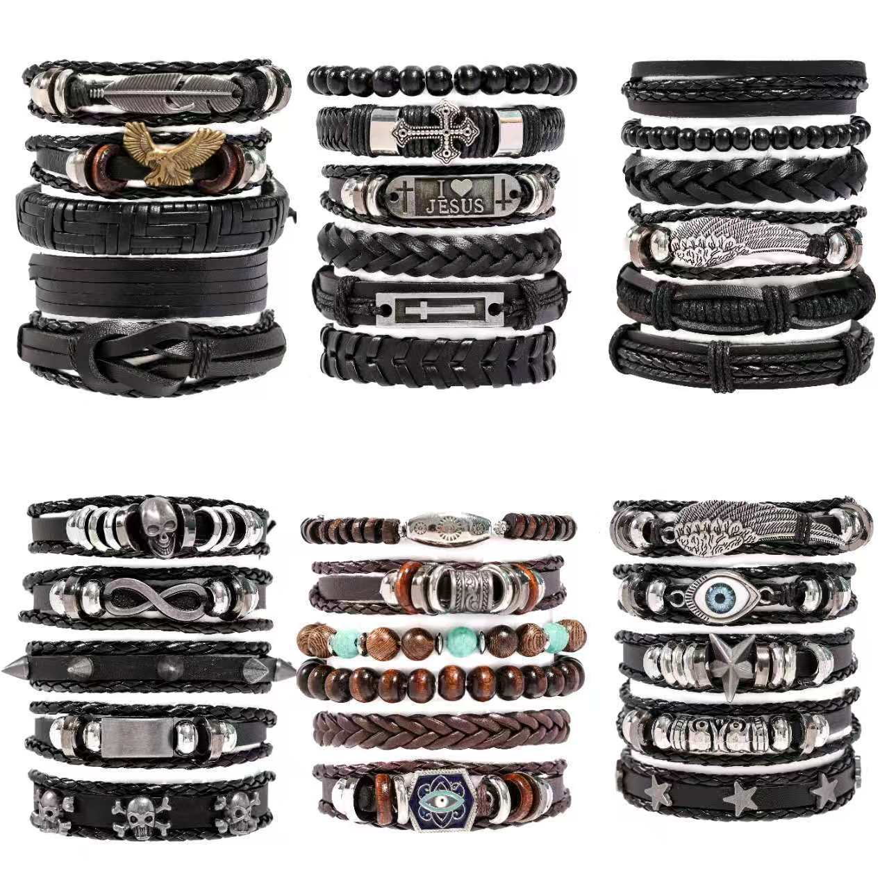 Pulsera de cuero para hombres retro de venta caliente transfronteriza, traje tejido europeo y americano, joyería multicapa, cuerda de mano, suministro directo de fábrica y venta al por mayor