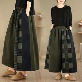 毛呢格子拼接阔腿裤日系文艺复古秋冬小众设计长裤