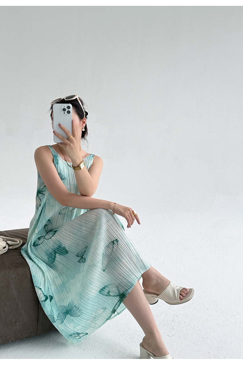 Đầm suông midi in họa tiết bướm gradient phong cách Pháp — màu tím nhạt chi tiết 16