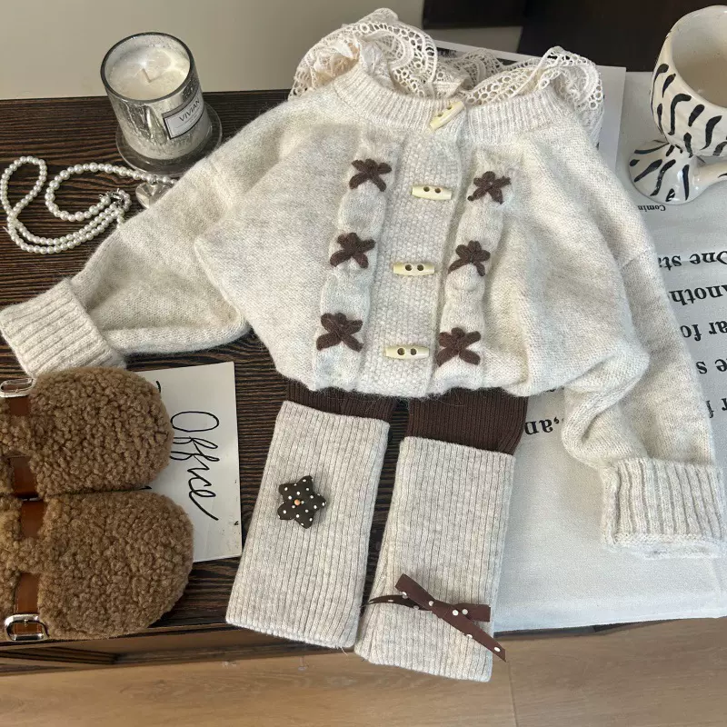 韩版童装2025新款秋季女童蕾丝连帽毛衣开衫堆堆袜打底裤两件套潮