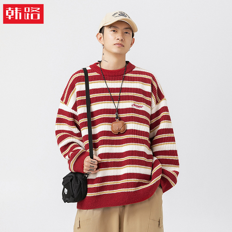Striped Heavyweight Chunky Knit Sweater for Men 2024 Autumn and Winter New Style Couple's Retro Color-Blocking Japanese-Style Round-Neck Knitwear Jacket