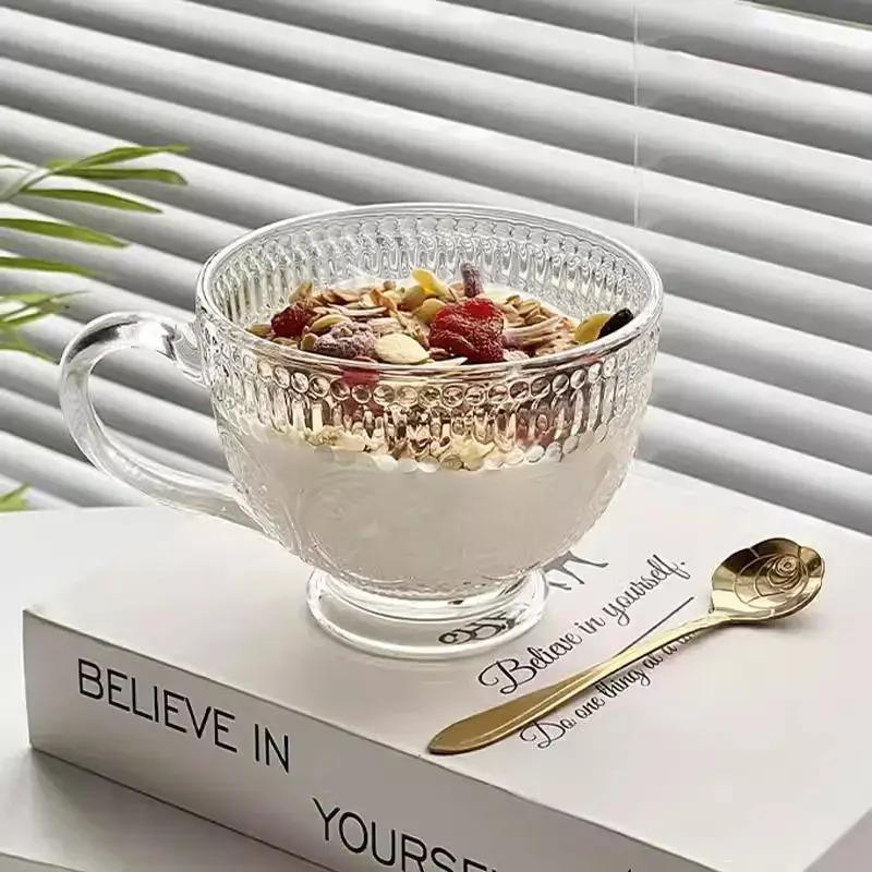 ひまわりガラス朝食カップレトロエンボスオートミルクカップ家庭用大容量スプーン付き高価値カップ|undefined
