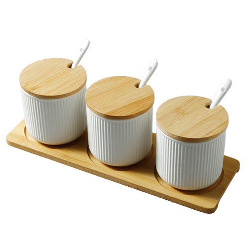 Practical Morandi Color Series Home Ceramic Spice Jar Set, Spice Box, Condiment Container with Spoon and Lid, Bamboo Tray