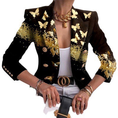 Women's fashion blazers singers stage performance jacket leopard floral printed small suit Slim fashion short double-breasted blouse for woman