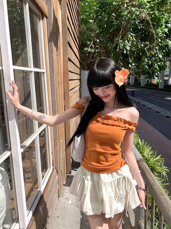 スイートスタイルイヤリングワンショルダーオレンジ半袖Tシャツレディース夏シックなスリムフィットホットガールショートトップ|undefined