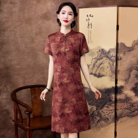 花萝香云纱连衣裙夏装妈妈装改良真丝唐装新中式短袖桑蚕丝连衣裙