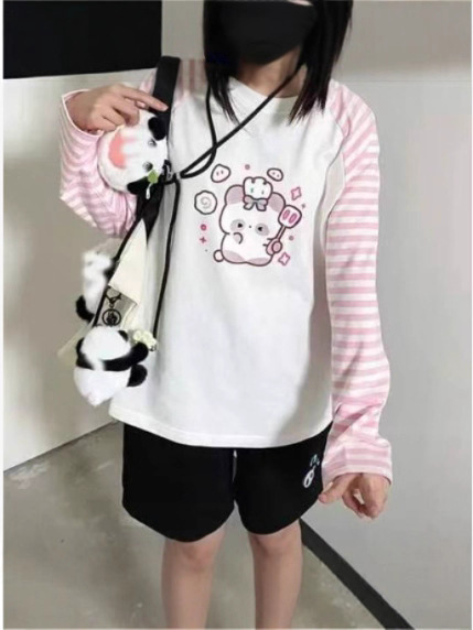 日系可爱小兔印花萌妹圆领甜美日常萌百搭条纹粉色插肩长袖t恤|undefined