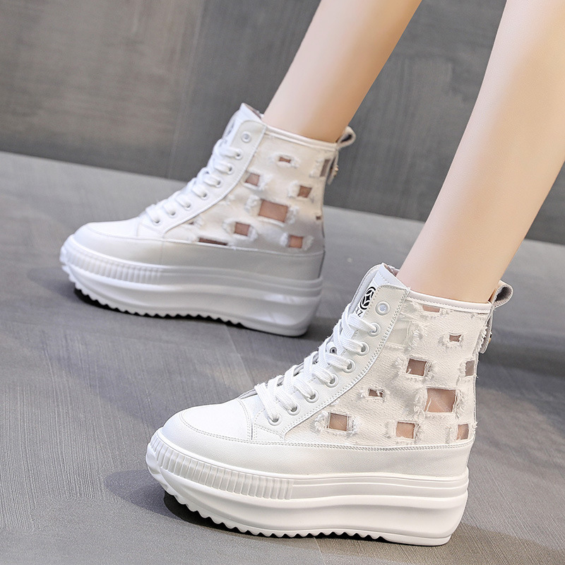 2021 High-Top Thick-Soled Sponge Cake with Increased Height, Breathable Mesh Lace-Up Fashionable Casual Mesh Shoes for Women, High-Heeled White Shoes