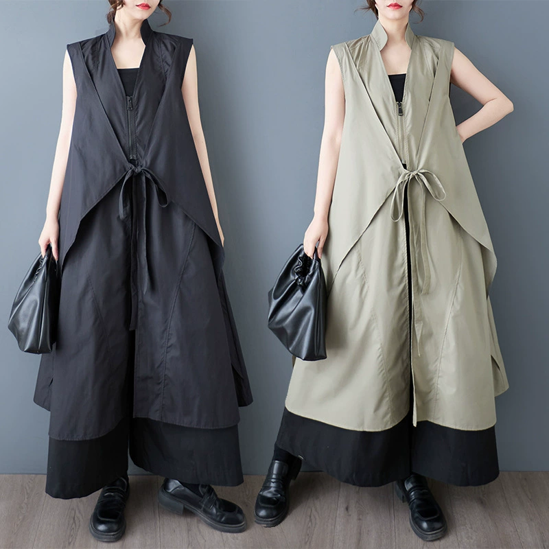 Реальный выстрел весной и осенью новый свободный большой размер сшивания повседневная мода простой сладкий рубашка без рукавов платье