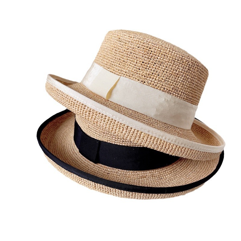 Hepburn Style Handmade Crochet Raffia Straw Bucket Hat For Summer_voghion.com