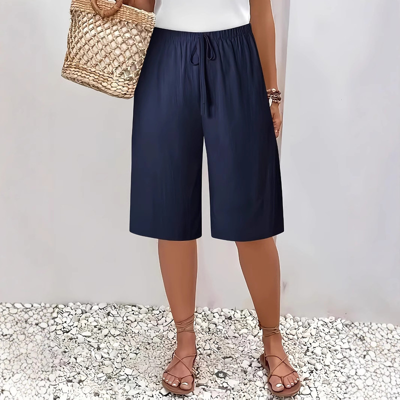 Cross-border Spring Cotton and Linen Straight Leg Pants Navy Blue 2025 New Women's Waist Casual Capri Pants