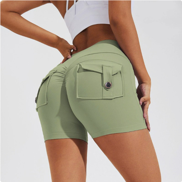 Fitness Shorts, Sports Yoga Pants, Three-Quarter Length Shorts for Women, Summer Naked-Feel Pocket Training Butt-Lifting Quick-Dry Yoga Wear, Peach Shorts