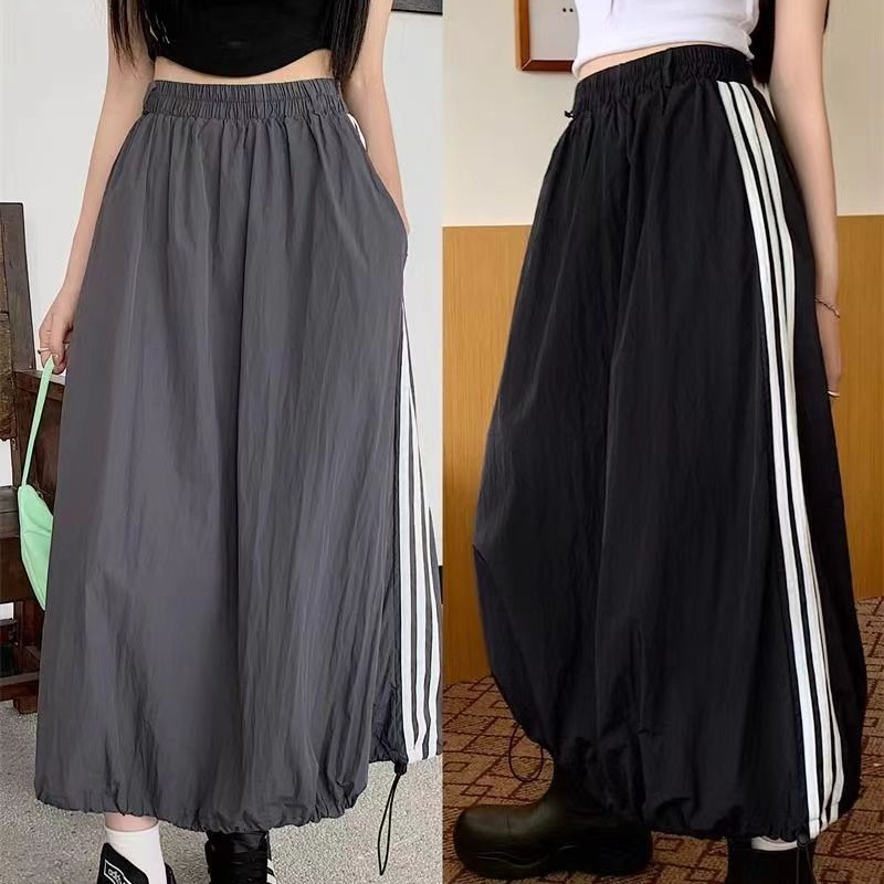 Side Stripesd Drawstring Workwear Skirt for Women Quick-Drying Sports Casual Long Skirt High-Waisted A-Line Large Hem Umbrella Skirt Summer Wear