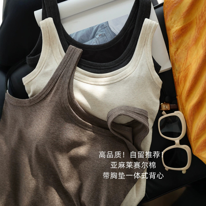 High-quality! Women's spring-summer camisole top with built-in chest pads, made of linen, tencel, and cotton, soft and skin-friendly