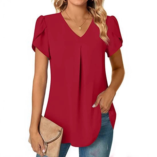 2023 estación independiente deseo Amazon popular verano simple mujer cuello en V pétalo manga camisa de las mujeres