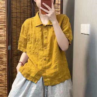 复古棉衬衫女夏季新款纯色短袖减龄气质文艺休闲宽松百搭上衣女
