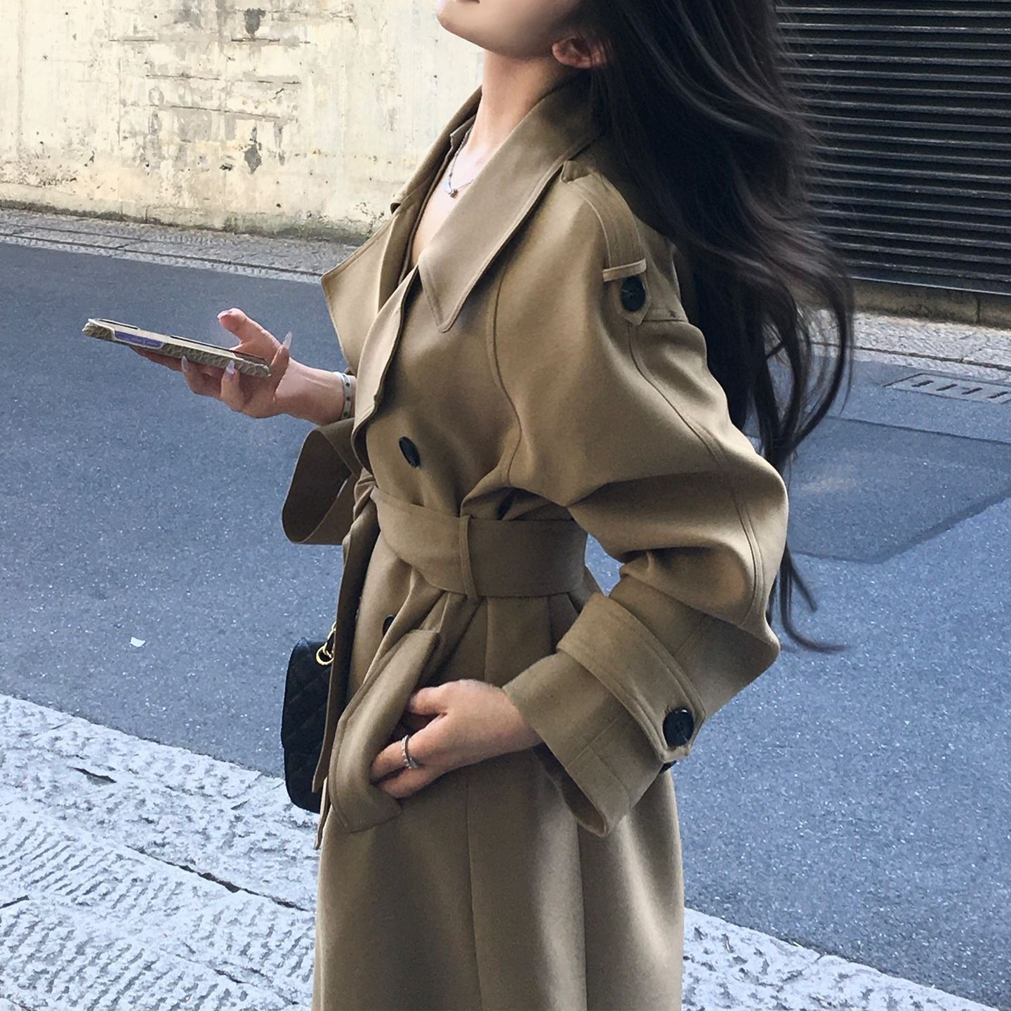 Colored fashionable classic long elegant trench coat