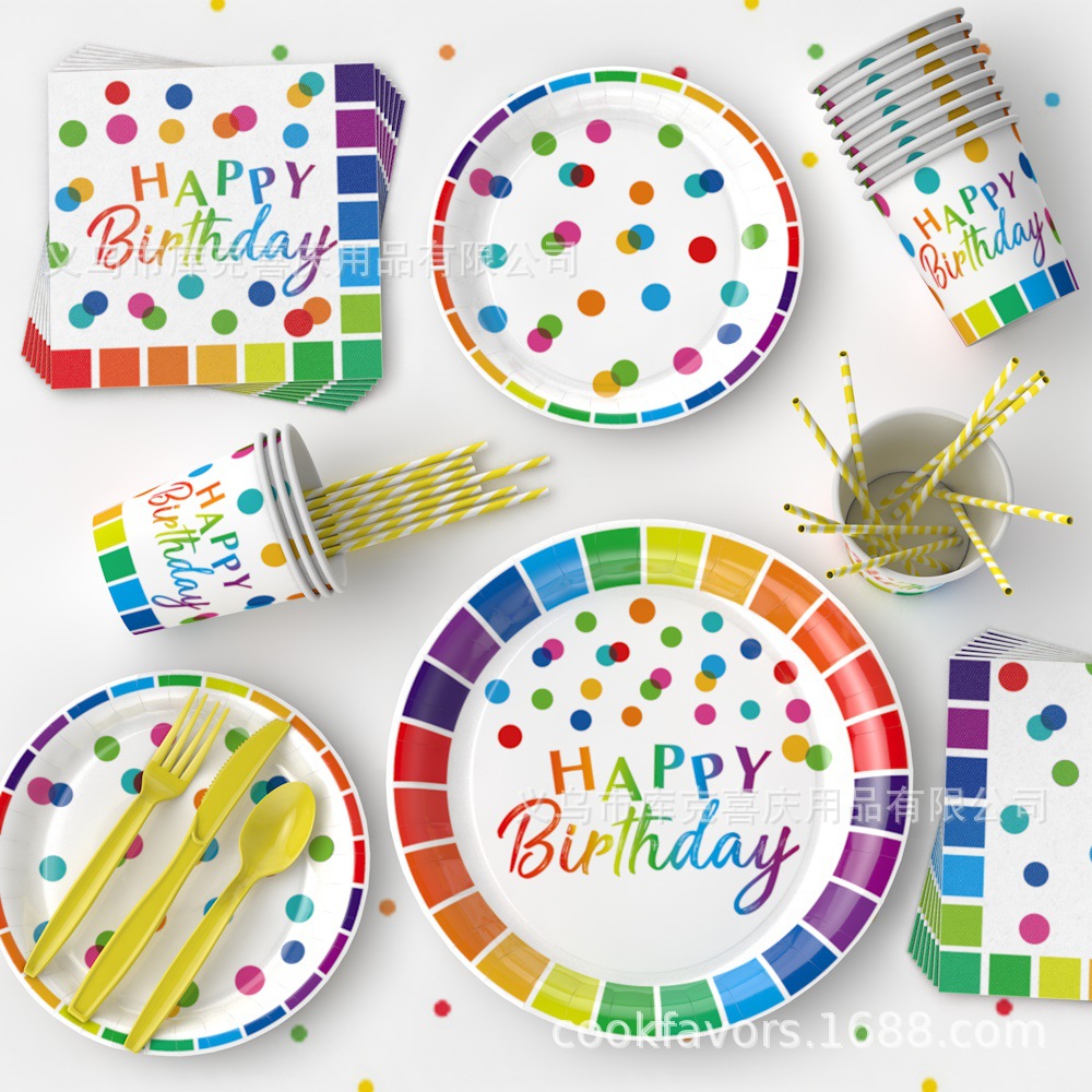 Venta caliente arco iris lunares fiesta de cumpleaños decoración decoración bandeja de papel desechable toalla de papel mantel juego de decoración de bandera brala