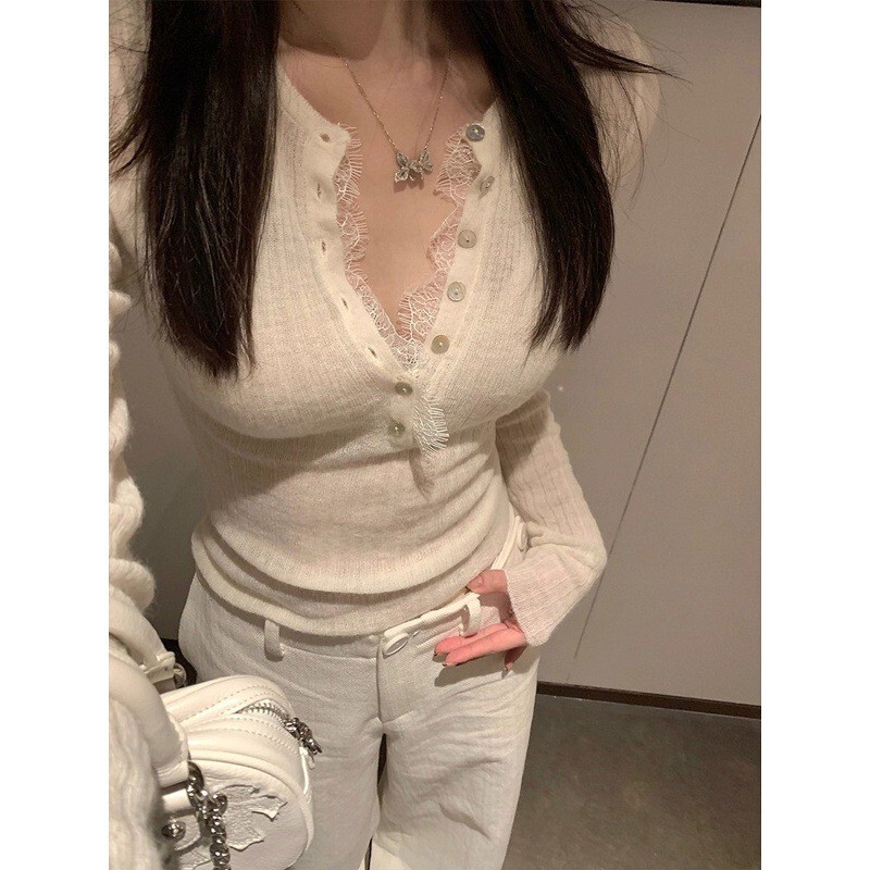 E Go Studio Wool Slightly See-Through Pit Strip Knitwear Eyelash Lace Buttoned Long-Sleeved T-Shirt Pure Lust Top