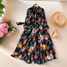 外贸法式优雅气质连衣裙春装女系带蝴蝶结领修身长款大摆雪纺度假