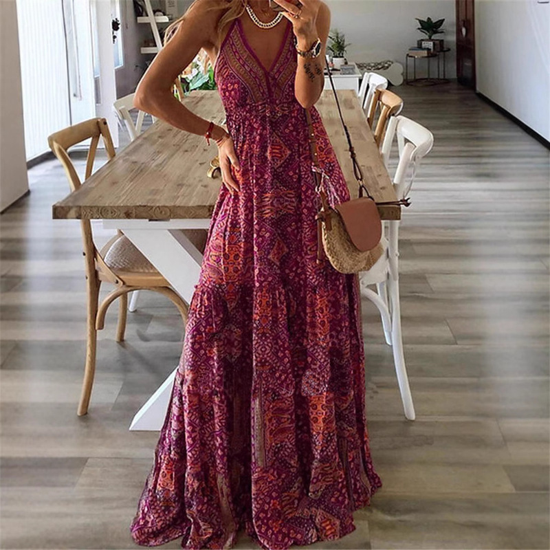 2024 European and American New Style Bohemian Style Suspender Long Skirt High Waist V Neck Printed Floral Summer Dress Women's Clothing