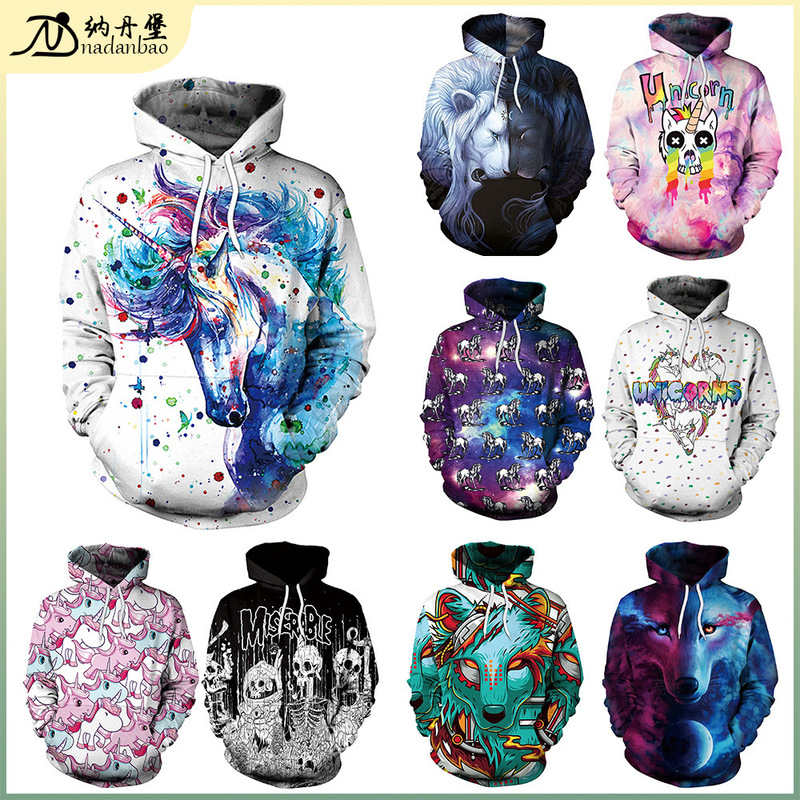 2024 New Cross-Border Trendy European and American Digital Printing Women's Loose Hooded Watercolor Unicorn Sweatshirt