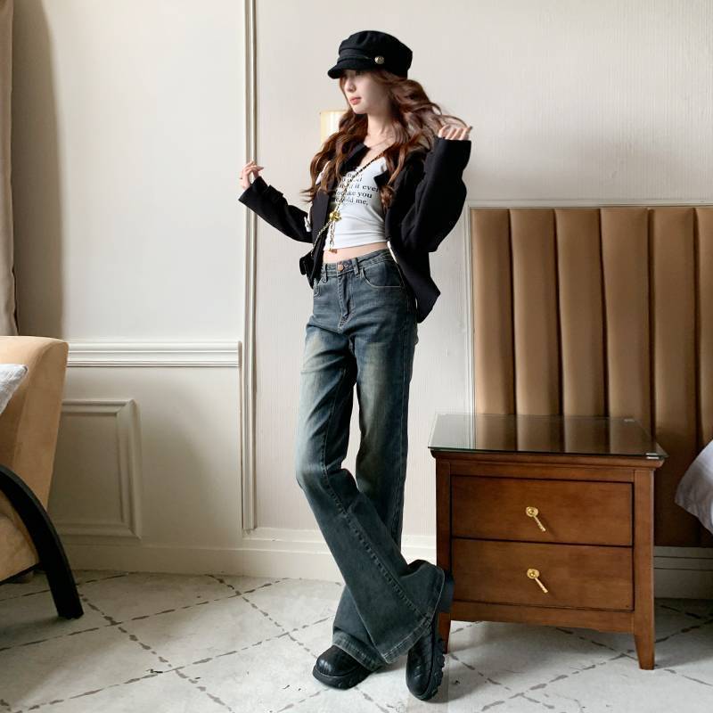 Wholesale Aesthetic Accumulation Retro Cream High-Waisted Stretch Slim Denim Flared Pants Regular Length