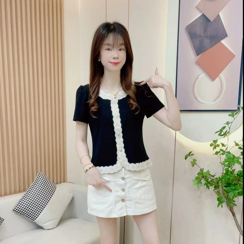 Tweed Style Lace Short-Sleeved T-Shirt for Women 2025 Summer Slim Fit Classy Shirt with Unique Elegant Tweed Style Lace Short-Sleeved T-Shirt for Women 2025 Summer Slim Fit Classy Shirt with Unique Elegant