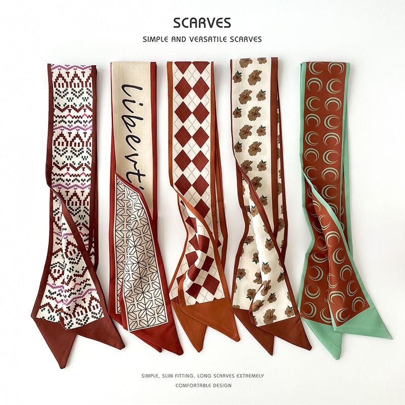 Bufandas de seda delgadas y largas para mujeres primavera y verano multifuncional bolsas de pelo atadas de pañuelo decorado correa de pelo tocado de correa