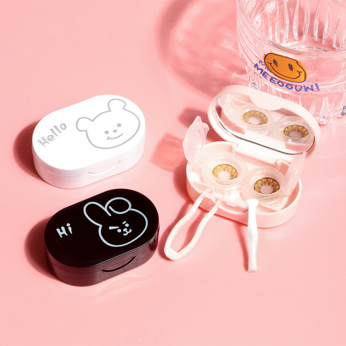 Creative cartoon contact lens case with mirror tweezers, press-printed logo companion box, double storage contact lens box