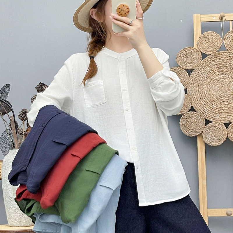 Wholesale cotton yarn casual versatile slim-fit base shirt for women, autumn Japanese style solid color simple button-up shirt Wholesale cotton yarn casual versatile slim-fit base shirt for women, autumn Japanese style solid color simple button-up shirt