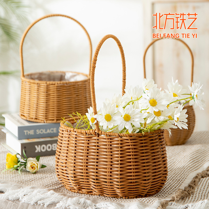Rattan Woven Basket Pastoral Style Handmade Imitation Woven Storage Basket Portable Flower Basket Bamboo Basket Teachers' Day Straw Woven Basket