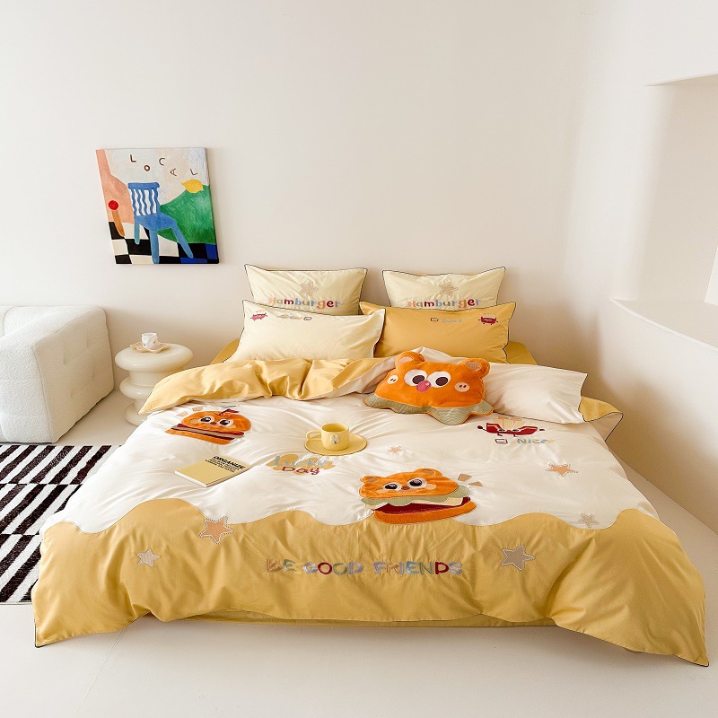 100S全棉长绒棉卡通小羊绣花四件套学生宿舍1.2m被套床品男孩女孩