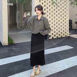 韩系复古条纹上衣外套套装黑色背心裙针织两件套