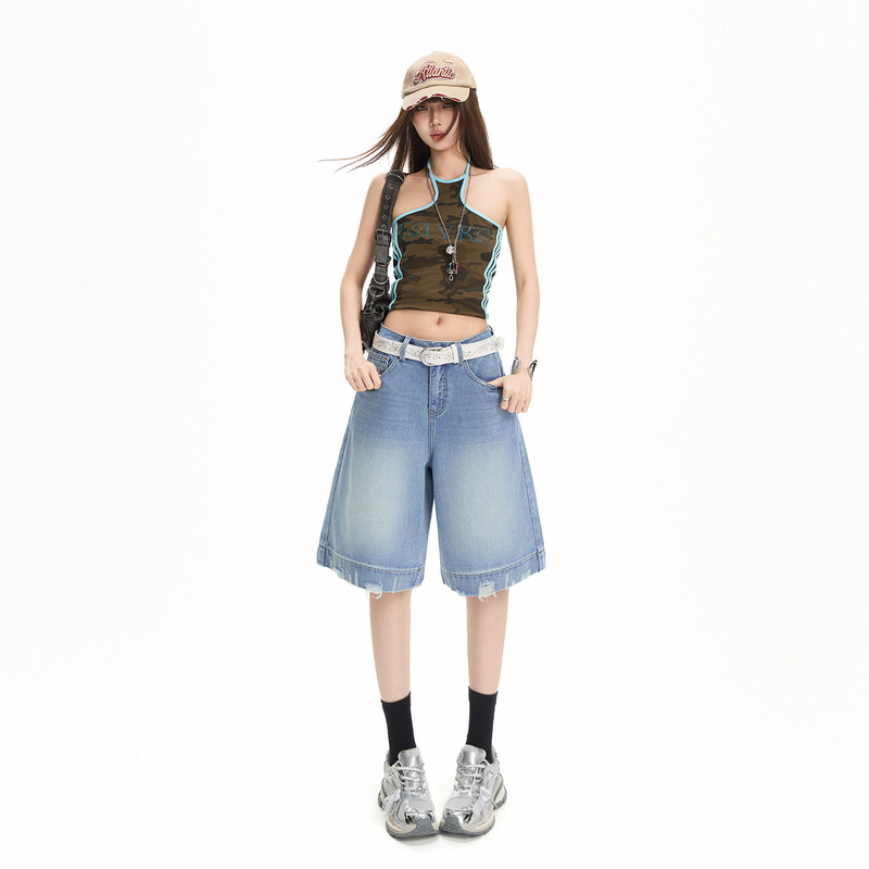 Ripped Straight-Leg Denim Shorts for Women, New Summer Style, American Hot Girl Style, Loose Fit, Slimming, Trendy, Versatile Wide-Leg Five-Point Pants Ripped Straight-Leg Denim Shorts for Women, New Summer Style, American Hot Girl Style, Loose Fit, Slimming, Trendy, Versatile Wide-Leg Five-Point Pants