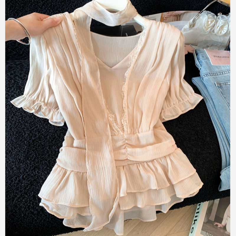 French-Style Relaxed Fit Waist-Cinching Lace Chiffon Blouse with a Flowy Fairy-Like Vibe, Minimalist Ol Urban Office Shirt with Ruffles