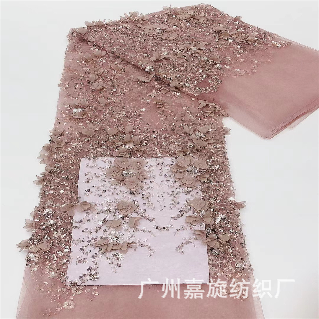 Inventario camarón rosa flor tridimensional cuentas tubo de sequilla malla de tela de flor de tela de vestido de noche de desfile image 4