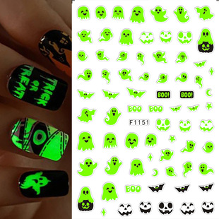 Cross-Border New Nail Art Stickers Ins European and American Halloween Luminous Cartoon Ghost Pumpkin Bat Adhesive Nail Stickers