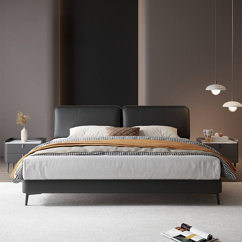 Italiano minimalista gran vaca negra cama de cuero real tofu bloque cama dormitorio principal de gama alta elegante verano imagen negro simple cama suave