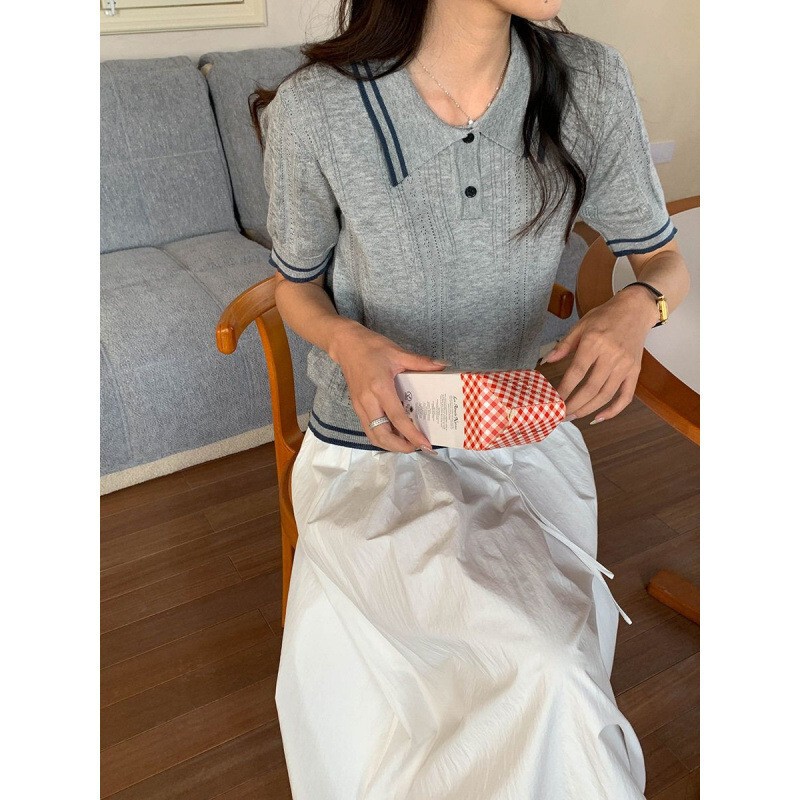 Plaid, Casual and Noble Summer New Korean Style Contrasting Color Preppy Style Girl's Quiet Polo Collar Short-Sleeved Knitwear