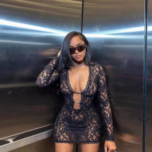 纯色蕾丝连体衣女装低领镂空长袖连衣裙欧美女修身夏跨境性感蕾丝